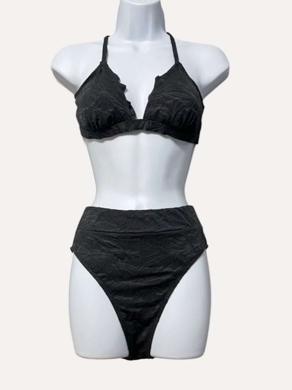 Cupshe V-neck Scalloped High Waisted Floral Bikini NWT Size Medium Black